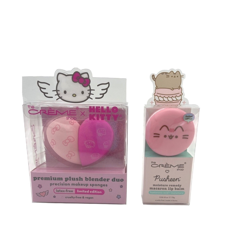 NIB The Creme Shop Hello Kitty Blender Duo & Pusheen Macaron Lip Balm Set New